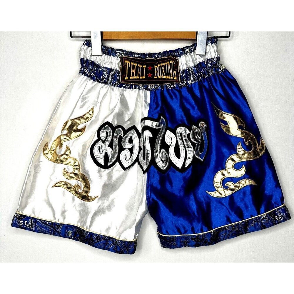 Muay Thai Kids Shorts Breathable Kick Boxing MMA Fight Training Blue Gold Medium